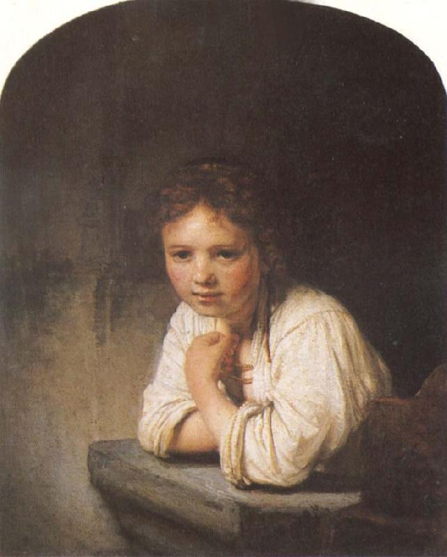 REMBRANDT Harmenszoon van Rijn A Young Girl Leaning on a Window Sill oil painting image